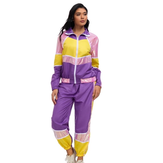 FNFYFH Color Block 2 Piece 80s 90s Outfits for Women Long Sleeve Windbreaker Jacket Tracksuit Set