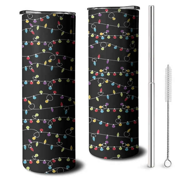 20oz Multicolor Christmas Light Pattern Skinny Tumblers Stainless Steel Tumbler with Lid and Straw,Vacuum Insulated Double Wall Travel Tumbler Cups with Cleaning Brush for Coffee,Tea
