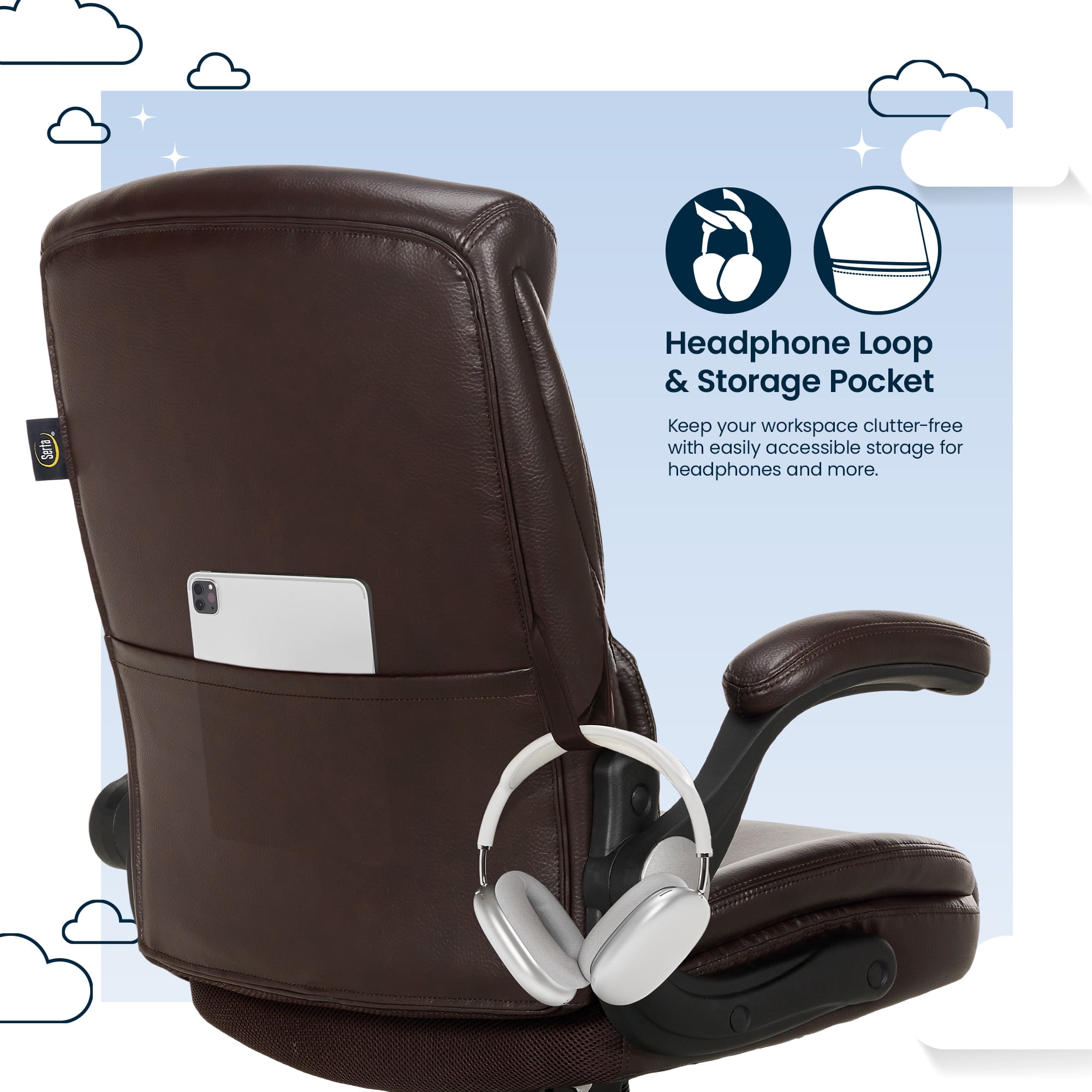 Serta Air Lumbar Bonded Leather Manager Office Chair, Brown Faux Leather