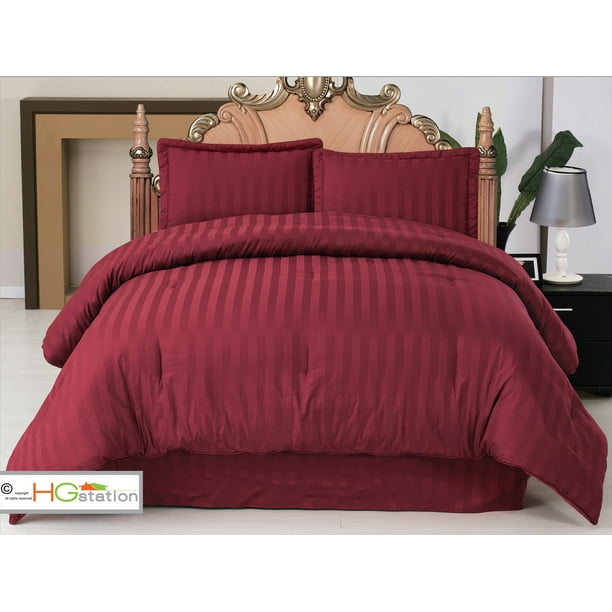 4Pc Elegant Classic Damask Stripe Comforter Set Burgundy King 100