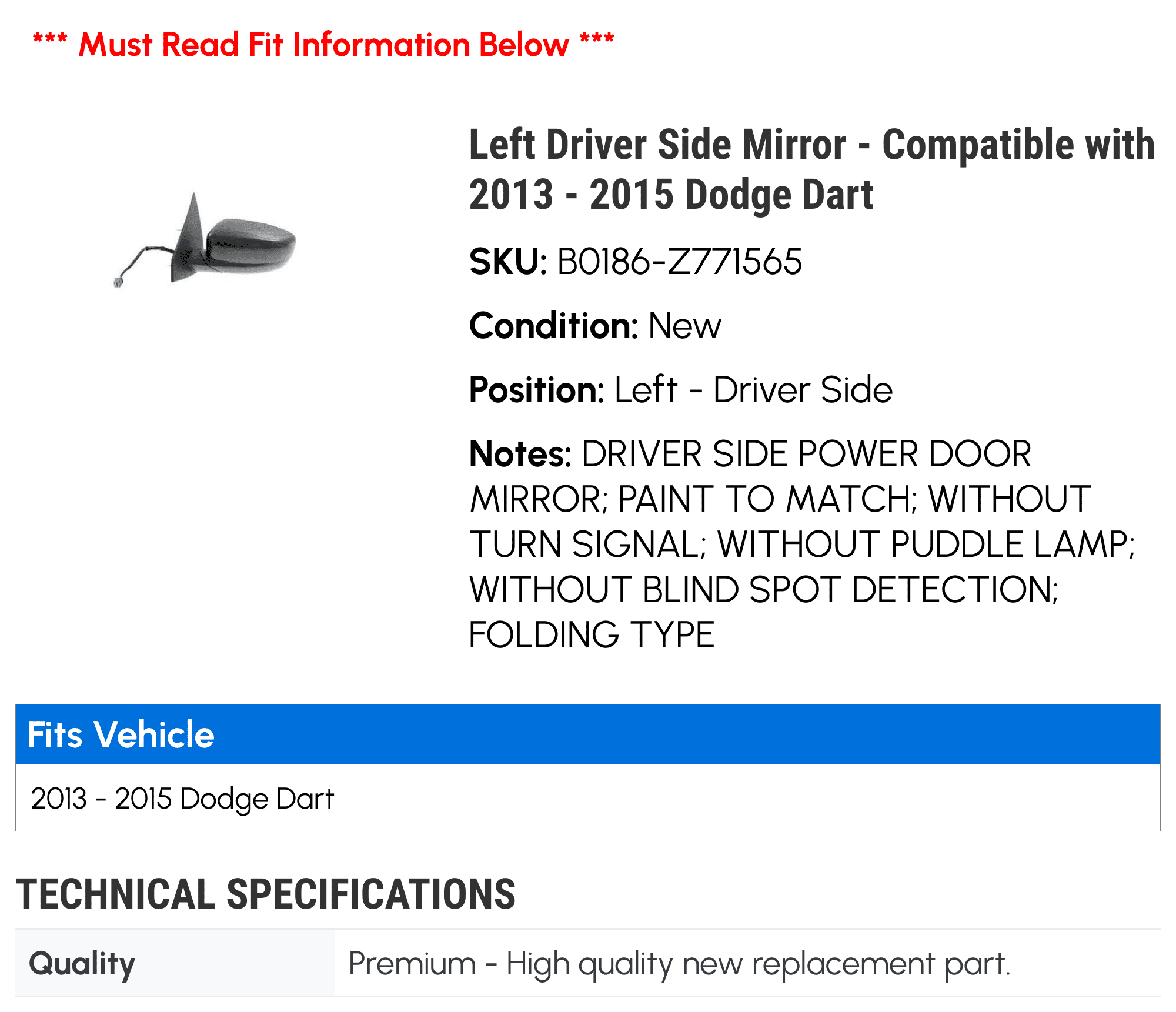 Left Driver Side Mirror - Compatible with 2013 - 2015 Dodge Dart 2014