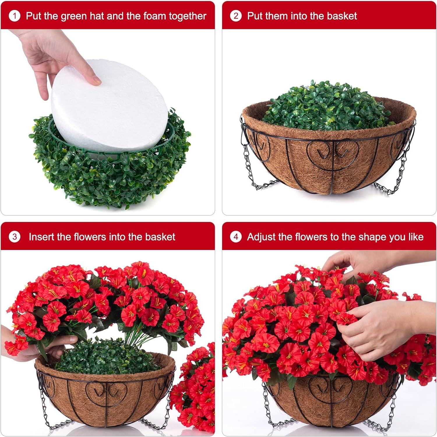 Artificial Fake Hanging Flowers Plants Baskets for Outdoor Outside Summer Decoration, Faux Silk Red Morning Glory in Planter UV Resistant Realistic for Home Porch Patio Balcony Garden Yard