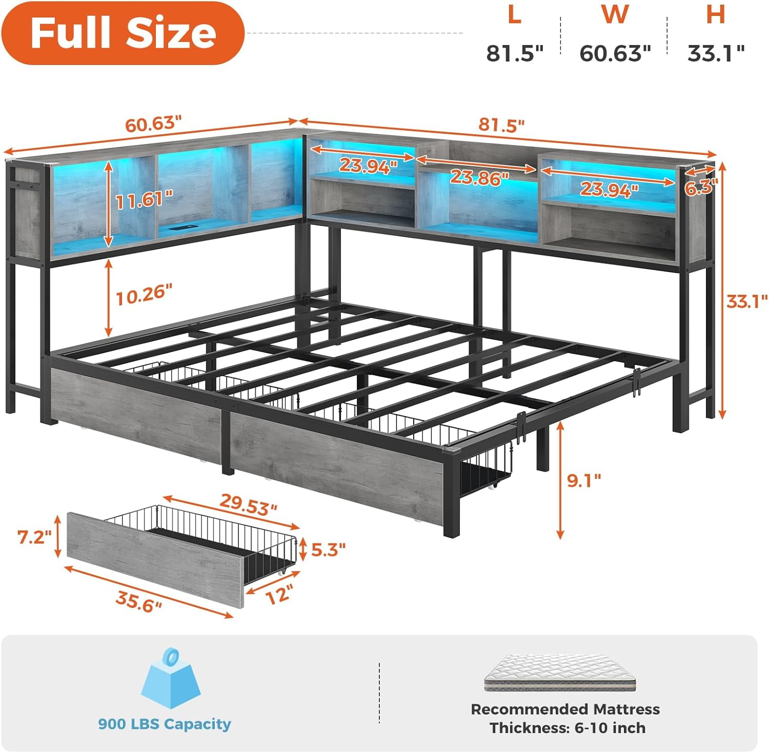 Aunfebrco Corner Full Bed Frame with 2 Drawers & Bookcase Storage, Full Size Daybed with Charging Station and Led Lights, Metal Platform Bed Frame for Living Room Bedroom, Gray