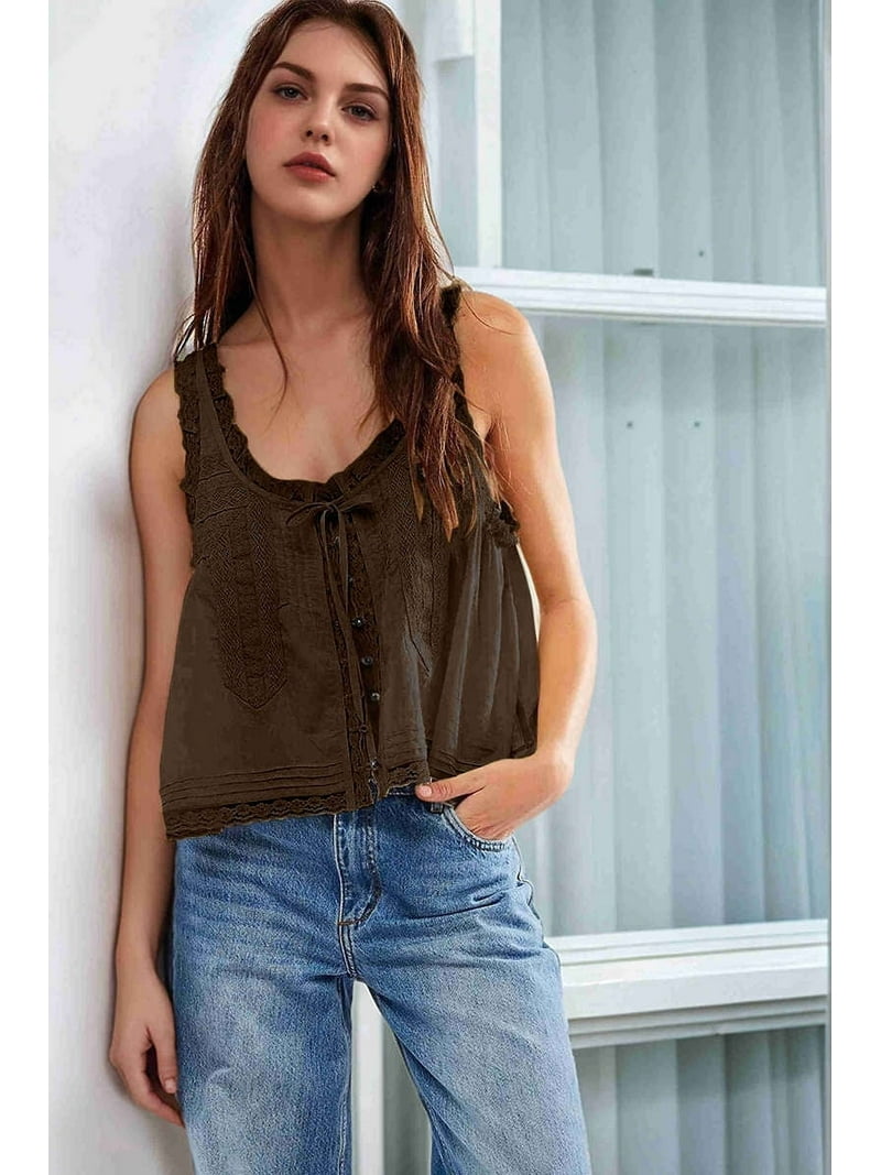 Women's Summer Beach Sleeveless Tie-Front Crop Top in Lace and