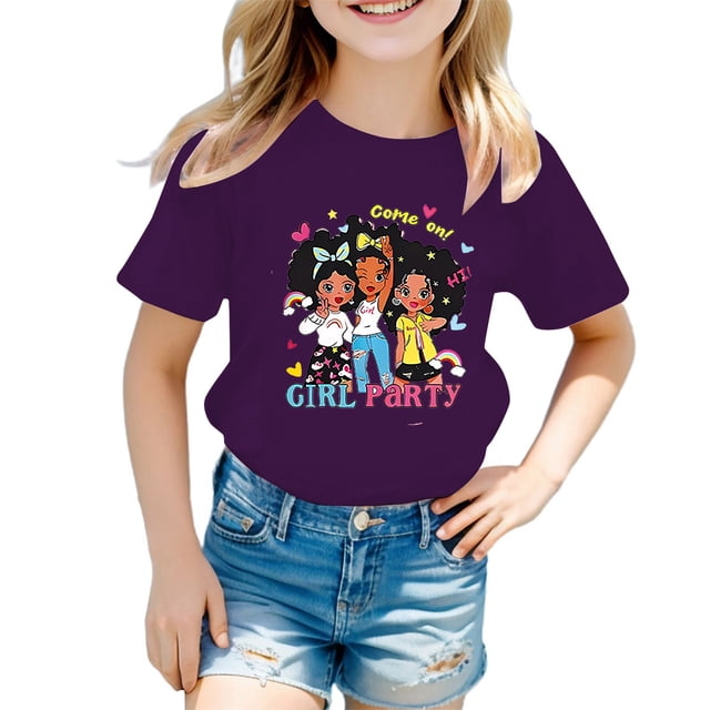MEZZALL T-Shirt Graphique Mignon pour Filles, Col Rond, Manches Courtes, T-Shirts d'Été Décontractés, Violet, 3-4 Ans