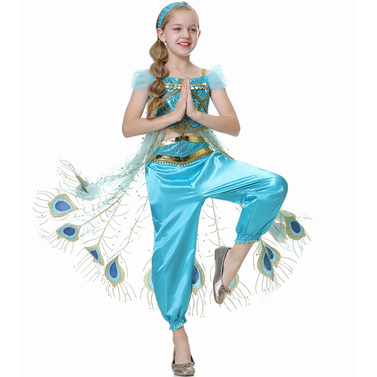 Kawell Princess Jasmine Costume For Girls Princess Dress Up Halloween Party Role Play Outfit Blue
