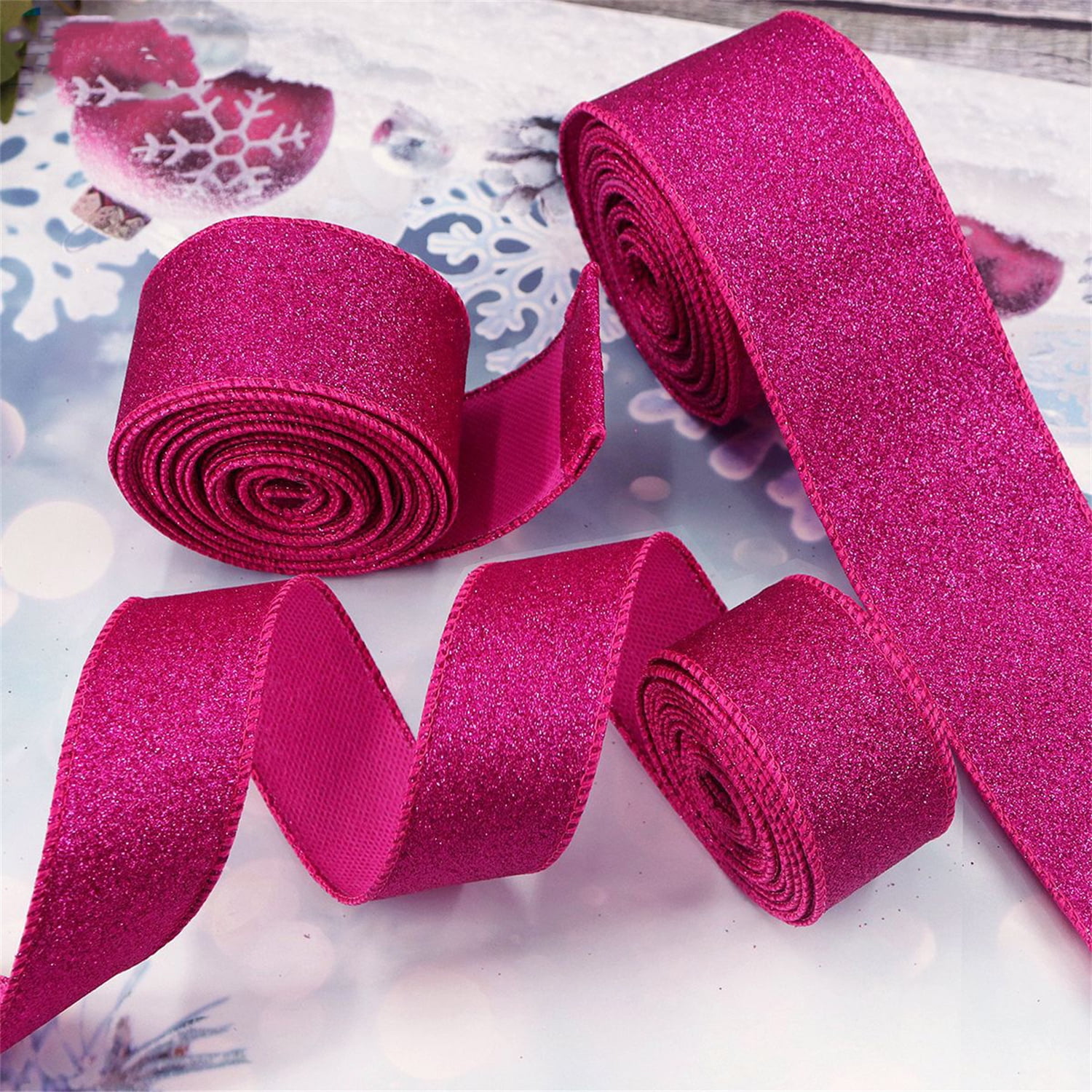 Christmas Glitter Wired Ribbon,Bexikou 20 Yards Christmas Ribbon with Wired Edge,Metallic Gift Wrapping Ribbons for Xmas Wreath Tree Party Home Wedding Festival DIY (2.55 Inch, 2 Rolls,Rose Red)