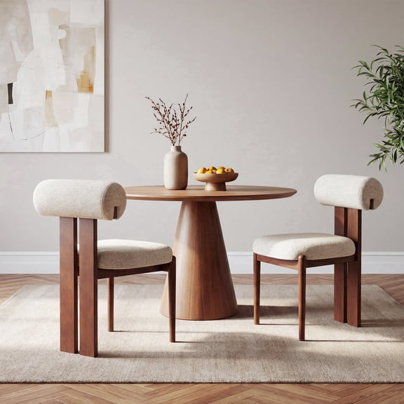 AFO Upholstered Modern Dining Chair with Roll Backrest & Wooden Legs, Kitchen Desk Side Chair for Dining Room and Restaurant, Set of 2, Beige