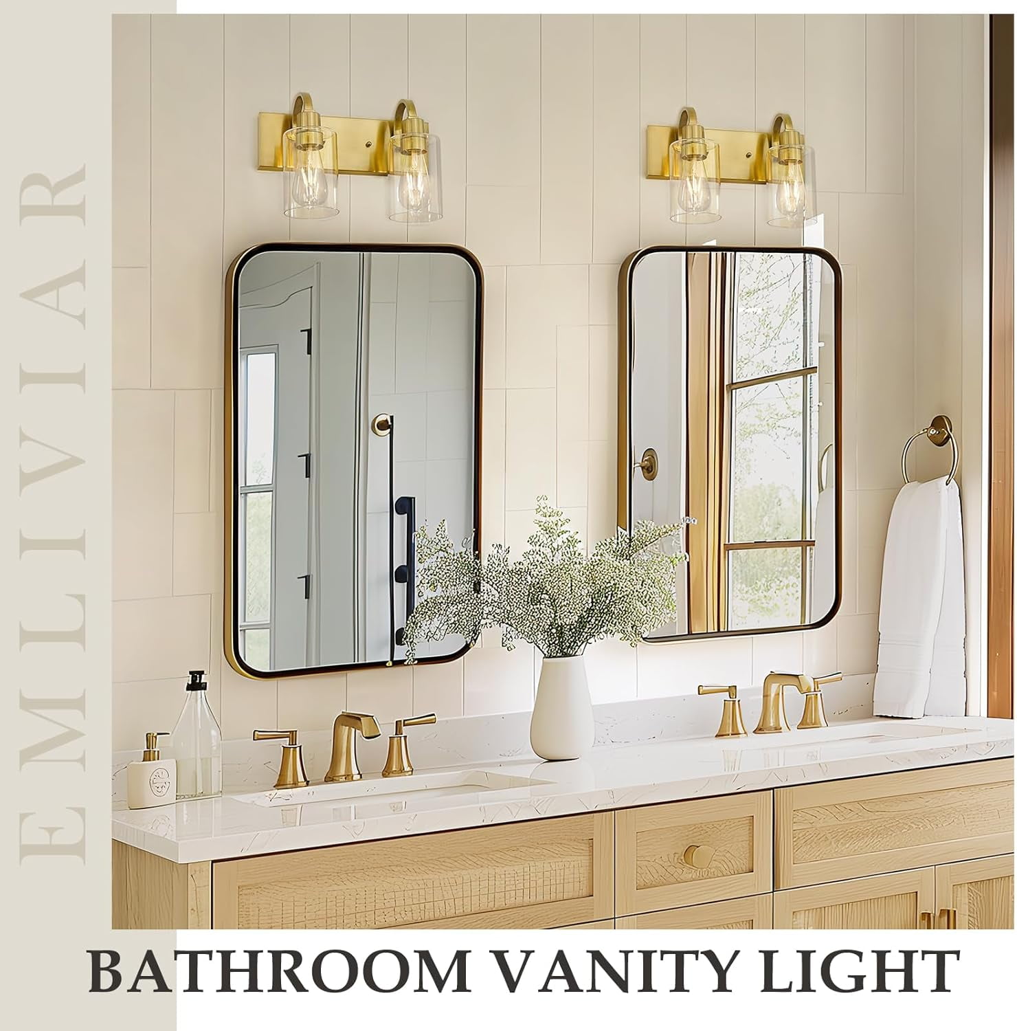 Emliviar 2 Light Brushed Gold Vanity Light, Modern Bathroom Lighting Fixture, YCE237B-2W BG