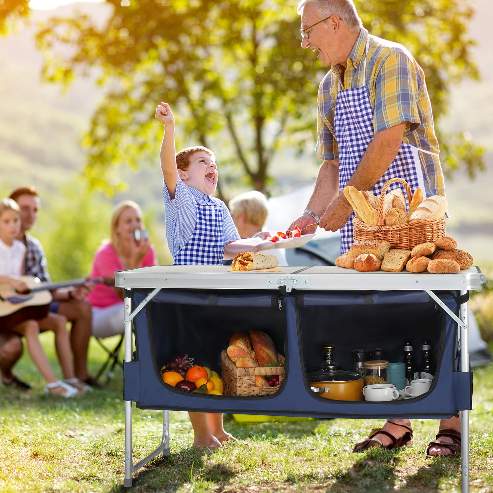 4FT Portable Folding Camping Table with Storage, Aluminum Outdoor Cooking Station with 2 Adjustable Legs, Blue