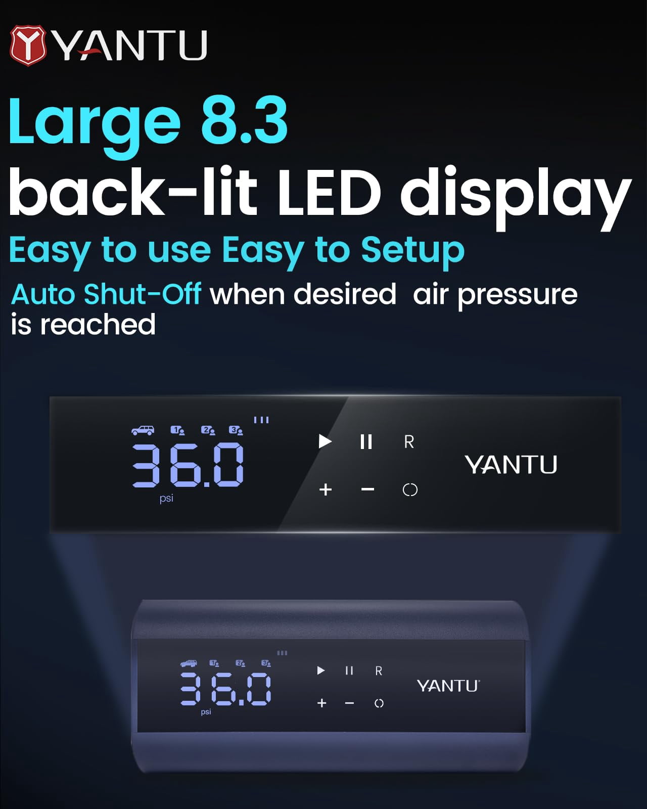 YANTU Cordless Tire Inflator Tire Pump Battery Powered, Dual Cylinder 2X Inflation,tire pressure gauge with 8.3Inch Digital Screen Portable Air Compressor Air Pump For Car Tires、