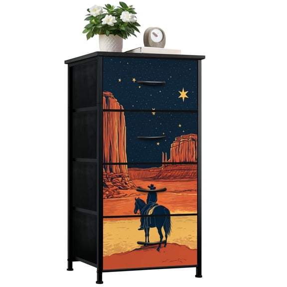 Western Dresser for Bedroom with 4 Storage Drawers Cowboy Starry Sky Desert Cactus Ranch Desert Farmhouse Dressers Chest of Drawers Steel Framed Fabric Closet Organizers for Entryway Cowboys Room