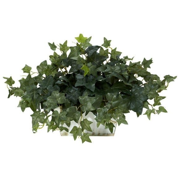 Nearly Natural Ivy with White Wash Planter - Silk Plant Green