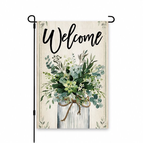Welcome Garden Flag 12x18 Inch Green Floral Bouquet in Rustic Jar - Outdoor Yard Lawn Patio Porch Decor for Spring and Summer Celebrate Your Garden