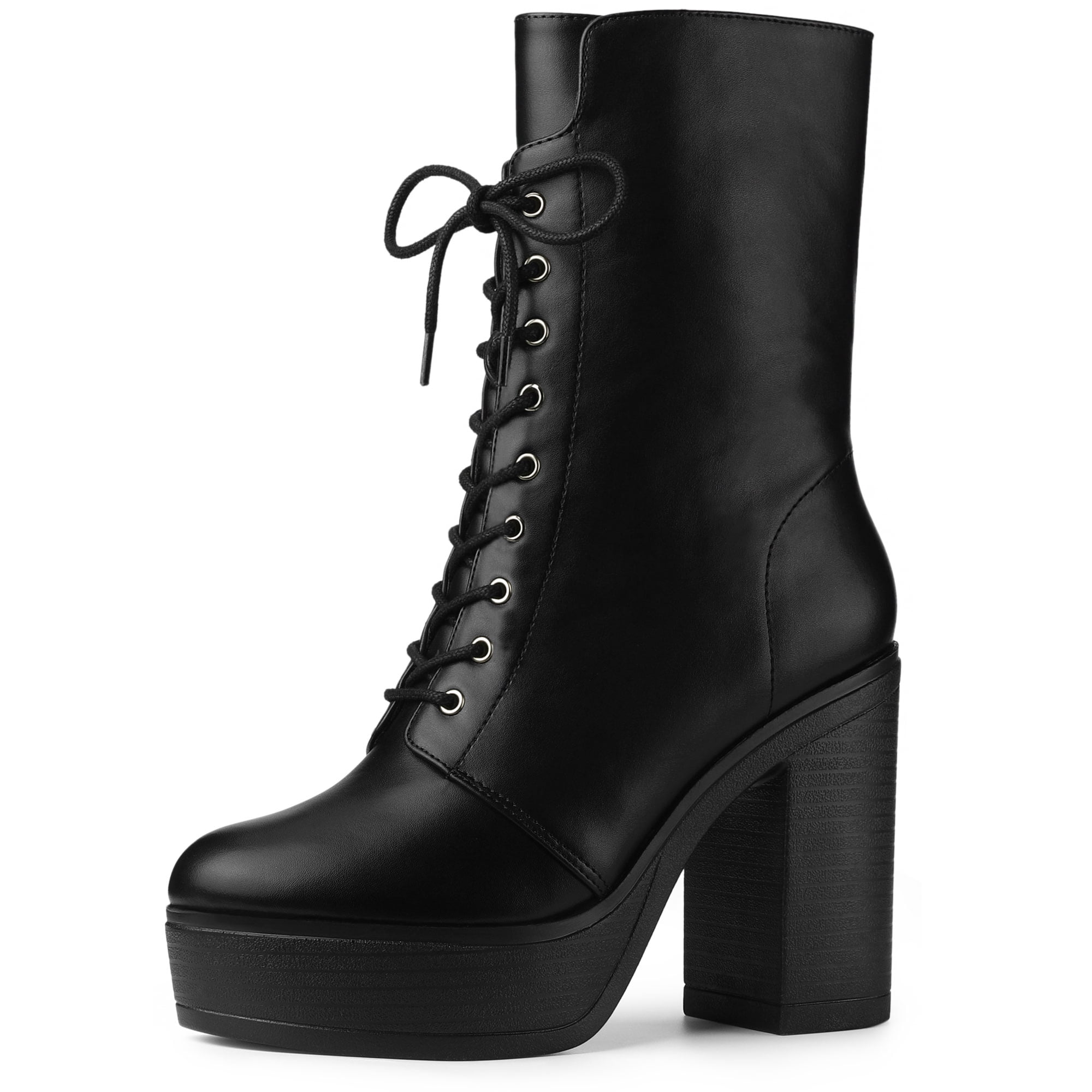 Unique Bargains Women s Lace Up Platform Chunky Heels Combat Boots