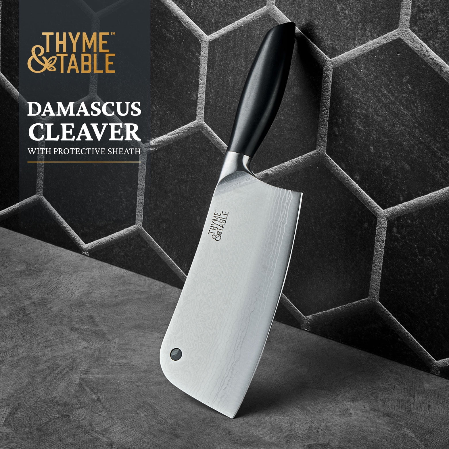 Thyme & Table Stainless Steel Damascus Cleaver with Protective Sheath