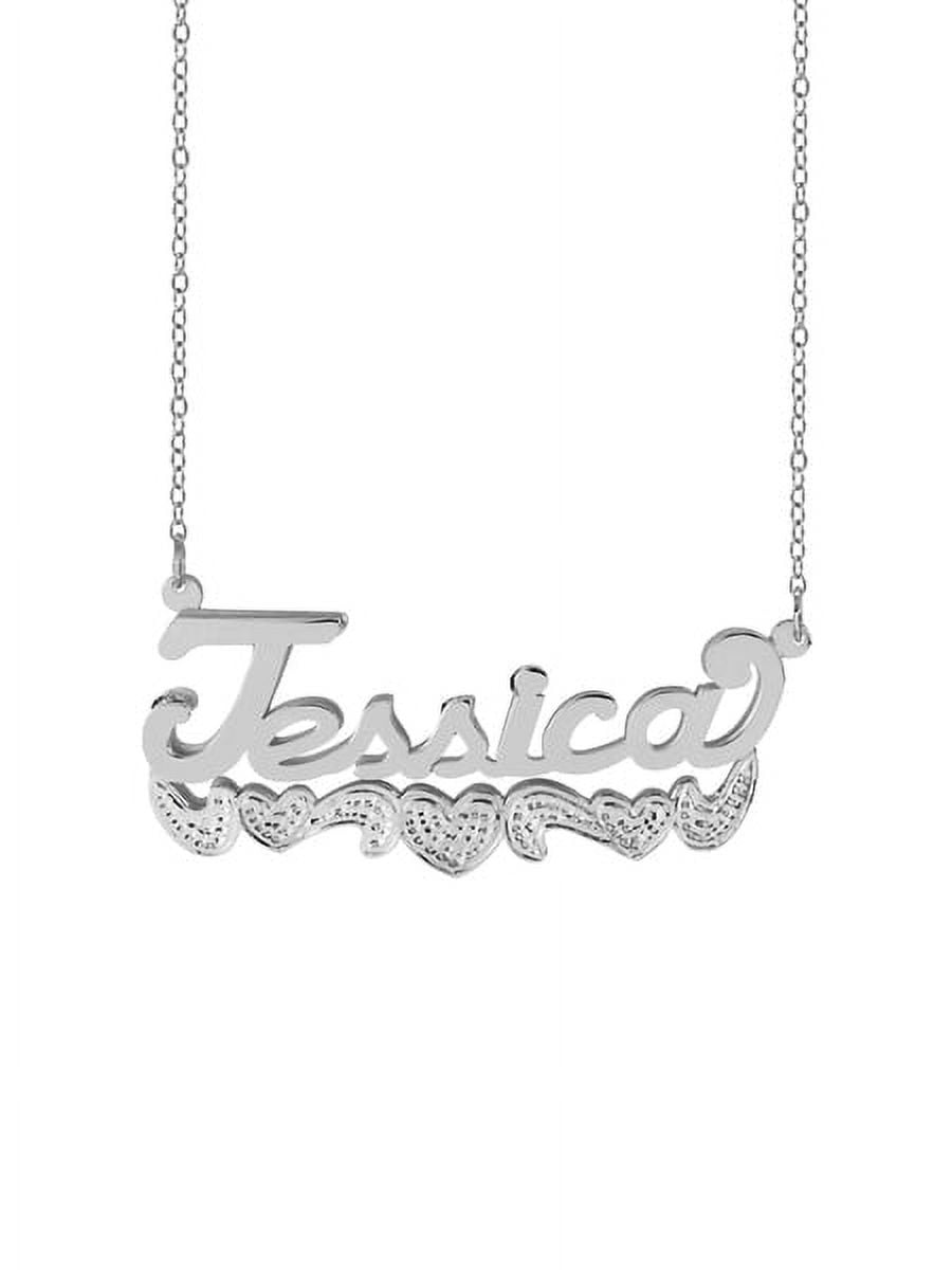 Personalized Sterling Silver of 14K Gold Plated Double Name Necklace w/Hearts and Tail. Beading on Hearts. Beading and Rhodium on Tail. 18" Link Chain. Spring Ring Clasp