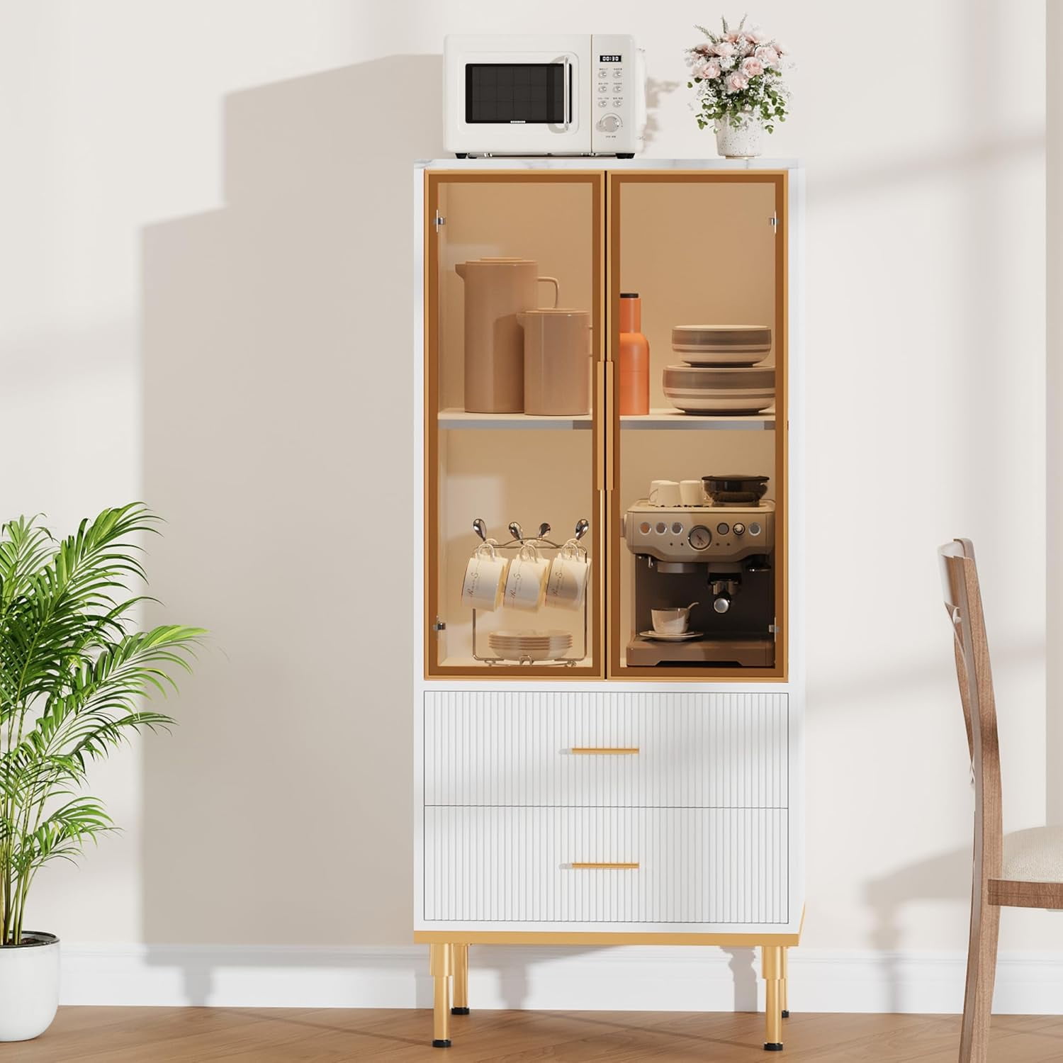 Garvee Fluted Storage Cabinet with Glass Door & Drawers, Modern Kitchen Pantry Cabinet with Adjustable Shelves, Display Curio Cabinet for Living Room, Office, White