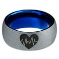 thumbnail image 2 of Tungsten Heart Beat HeartBeat Emoji Line CPR EMT Band Ring 8mm Men Women Comfort Fit Blue Dome Brushed Gray Polished, 2 of 4