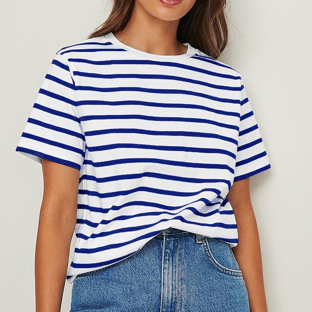 Blouses pour Femmes, Blouses Décontractées à la Mode pour Femmes, T-Shirt Rayé, Col Rond, Manches Courtes