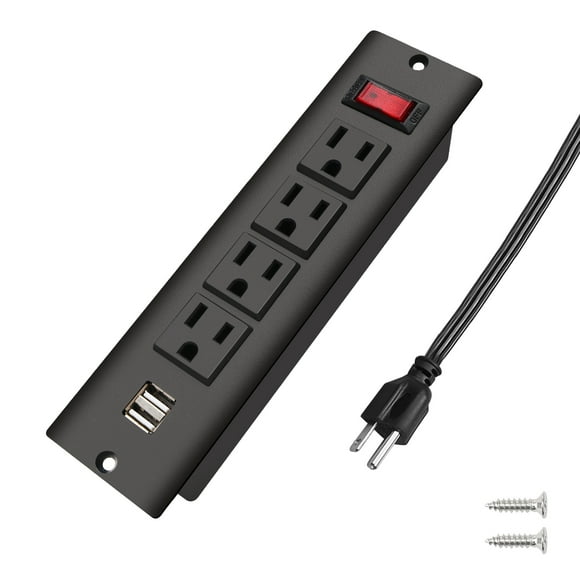 Power Bar with USB Recessed Mounted Power Strip with 4 Outlets 2 USB Ports for Desk Cabinet