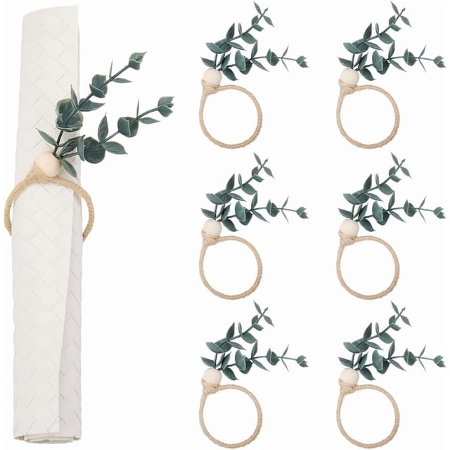 6Pcs Green Napkin Rings PVC Rustic Spring Farmhouse Leaves Table Decorations Boho Napkins Ring Holder with Wooden Bead for Easter Banquet Celebration Wedding Party Dinner