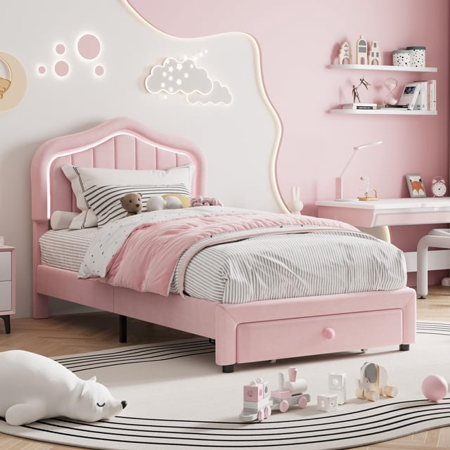 AKDSteel Upholstered Platform Bed Frame With Led Lights And Storage Drawer, Features Soft Headboard, Wooden Slats Support, Noise-Free Construction And Simple Assembly, No Box Spring Needed