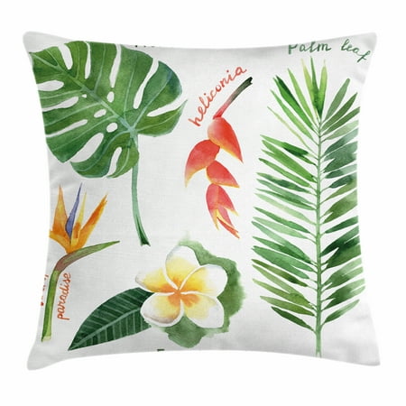 Bird Of Paradise Cover - Plant Throw Pillow Cushion Cover, Bird of Paradise Palm Leaf and Assorted Exotic Flowers Watercolor, Decorative Square Accent Pillow Case, 18 X 18 Inches, Coral Earth Yellow Fern Green, by Ambesonne