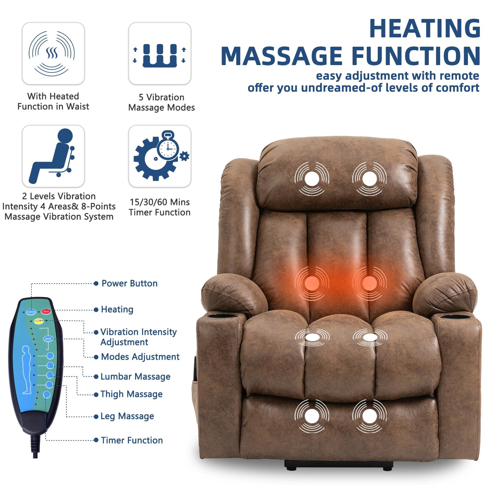 SOCIALCOMFY Large Electric Power Lift Recliner Chair with Extended Footrest for Elderly Big Man, Overstuffed Wide Massage Lounge Chairs with Heat, 2 Cup Holders, Side Pockets & USB Ports, Brown