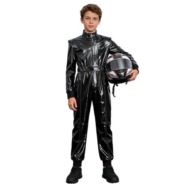 Raenseen Kids Boys Metallic Racing Jumpsuit Racing Suit Race Car Driver Moto Gear Jersey Set Black 8