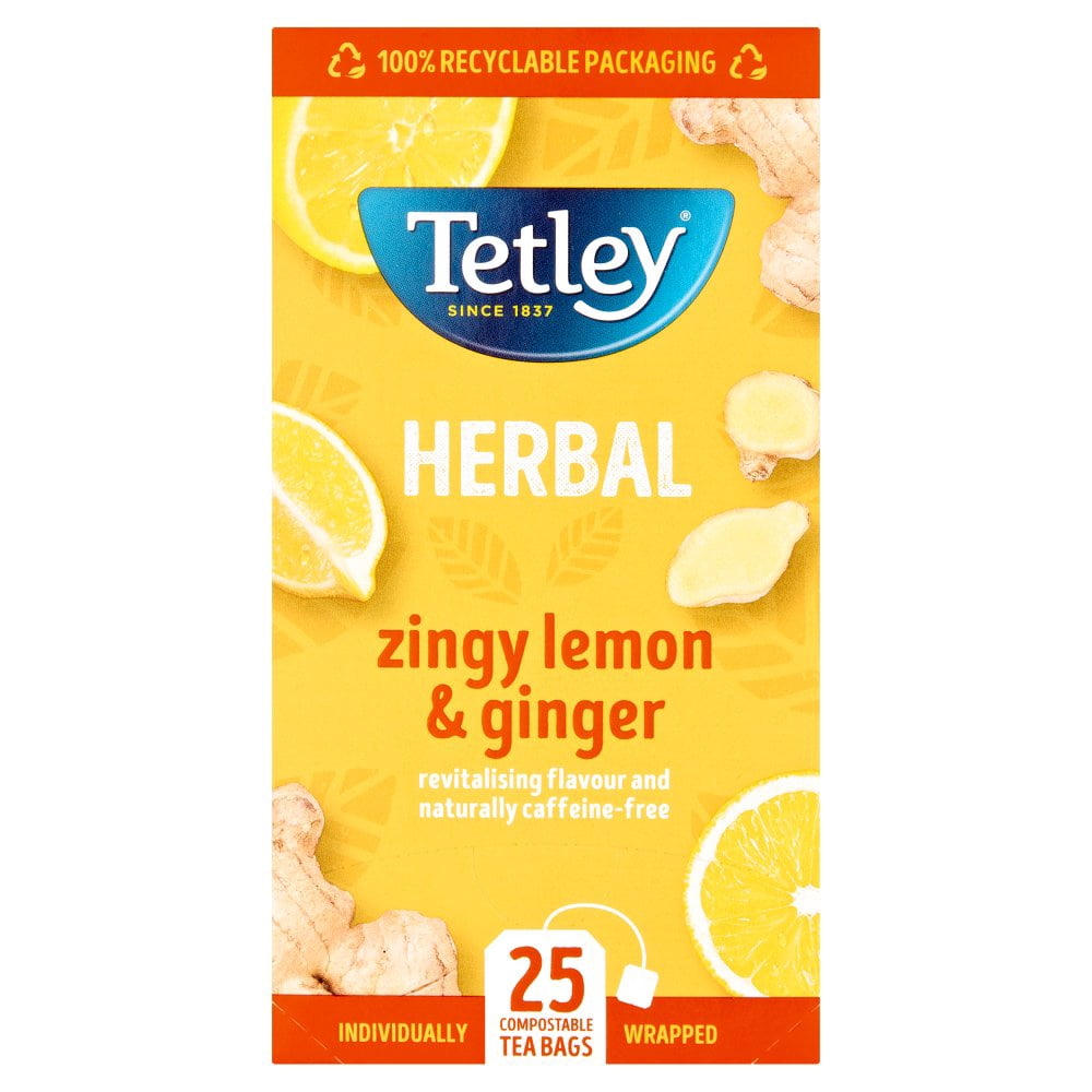 Tetley Herbal Zingy Lemon & Ginger 25 Plant Based Tea Bags 50g  (pack of 6)
