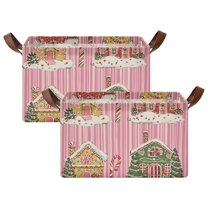 Yayeee Foldable Storage Basket for Shelves with Handles Set of 2 Waterproof Cloth Bins, Pink Christmas House