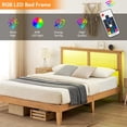 thumbnail image 3 of Bingirl Queen-Size Rattan Bed Frame with LED Lights, Natural Headboard, Solid Wood Foundation with Silent Slats, Platform Bed Frame - Noise-Free, No Box Spring Needed, Easy to Assemble, 3 of 8