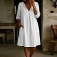 thumbnail image 4 of MaFYtyTPR Women's V-Neck Linen Shirt Dress Solid Colr Long Sleeve Loose Fit Casual Mini Dresses with Pockets for Daily Wear A-White M, 4 of 6