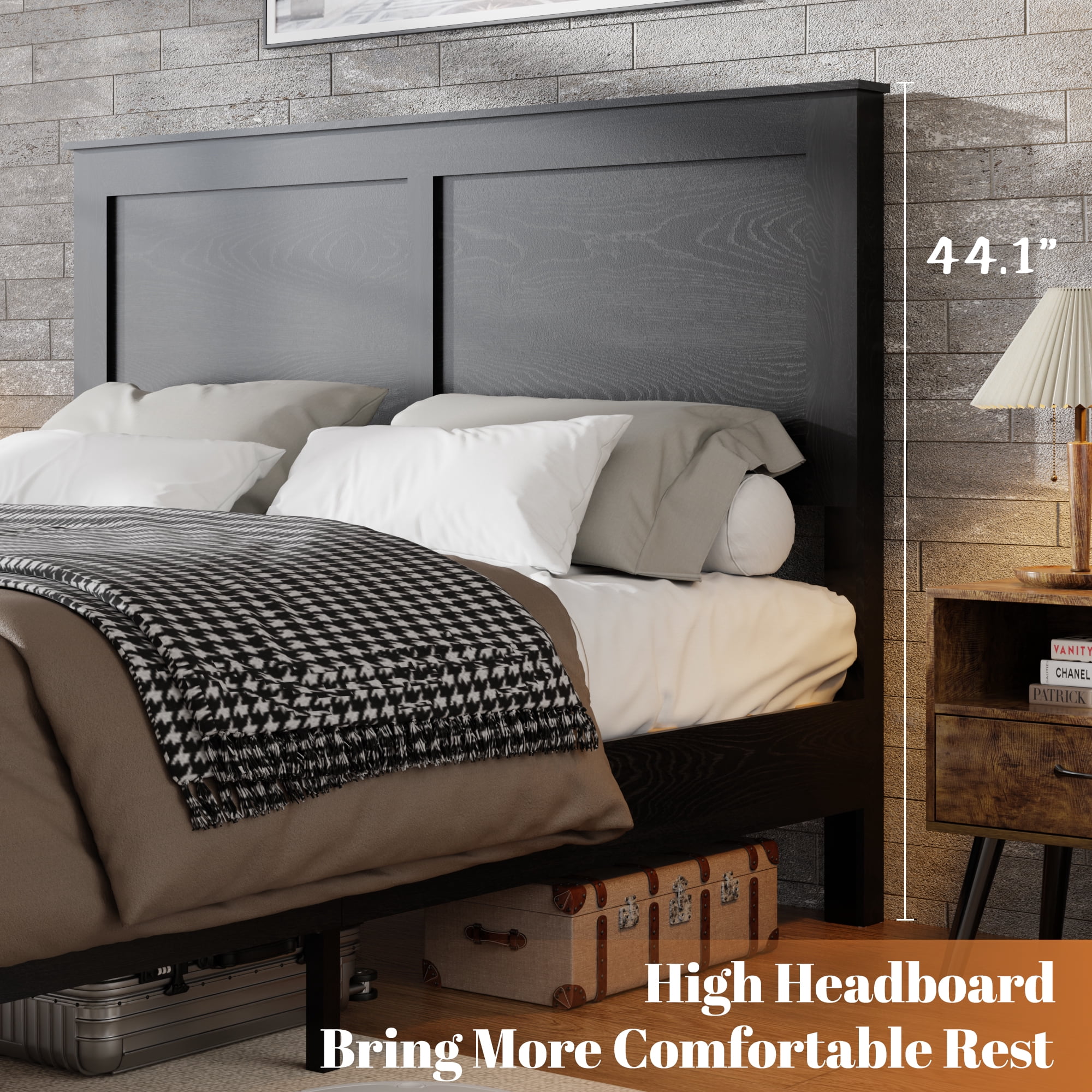 BSHTI Full Size Wood Platform Bed Frame with Headboard, Solid and Stable Metal & Wood Construction for Bedroom, Easy Assembly, Noise Free, No Box Spring Needed, Antique Black
