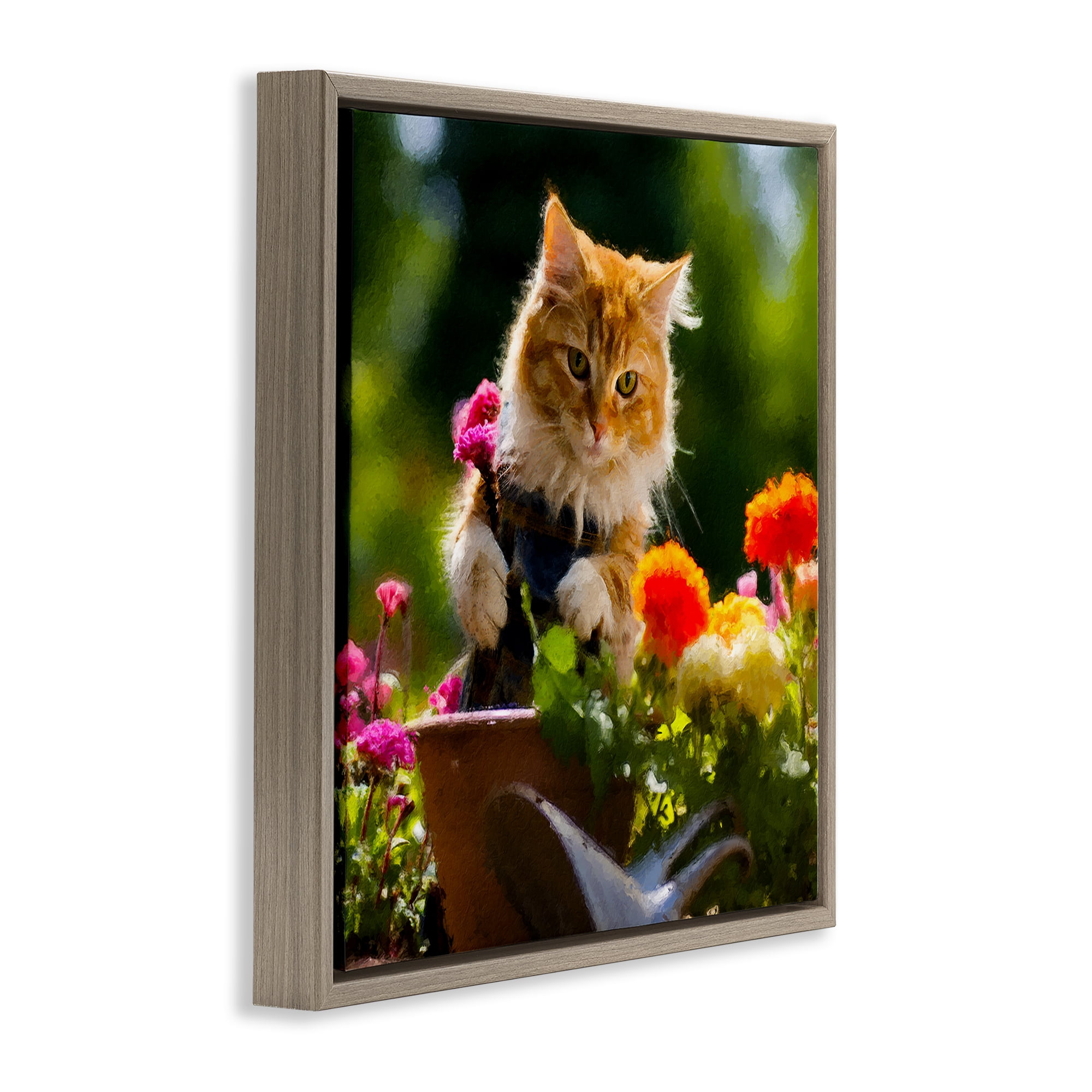 Stupell Industries Spring Gardener Kitten Animals & Insects Painting Brown Floater Framed Canvas Art Print Wall Art, 25 x 25