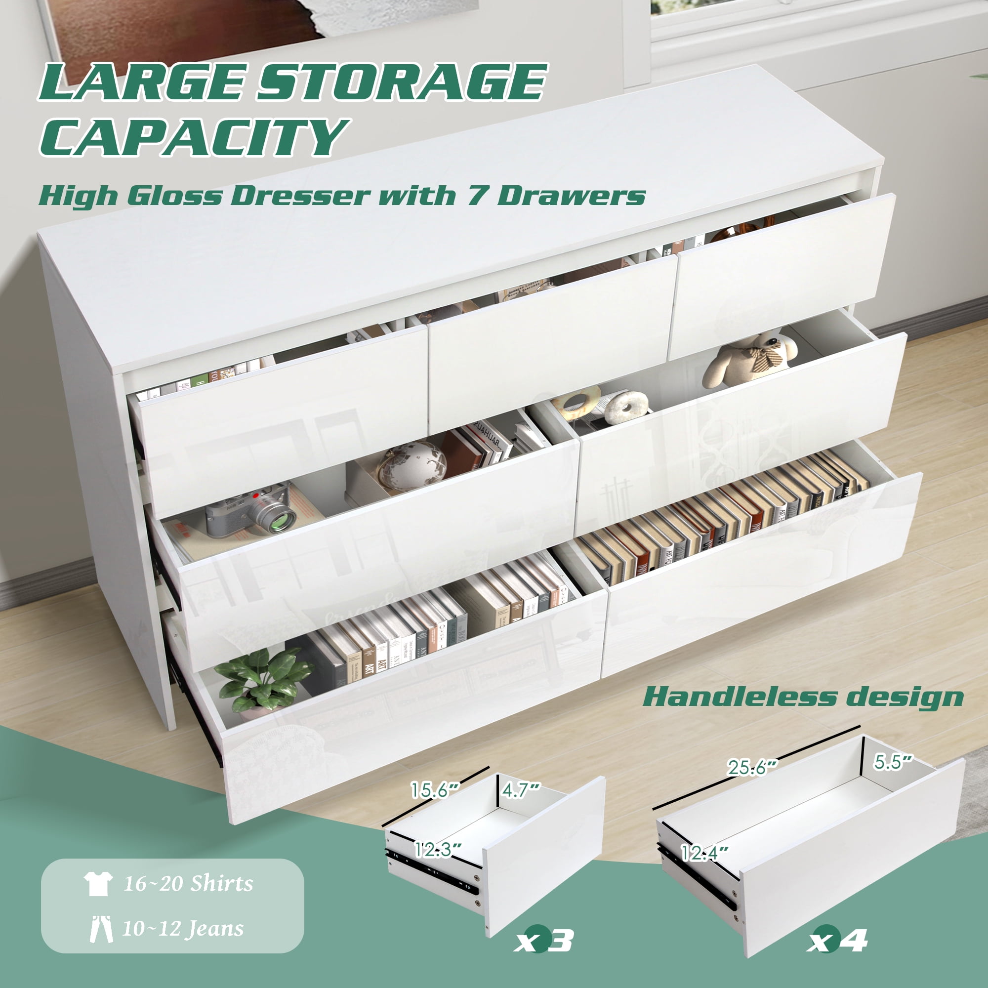 Haverchair 7 Drawer White Dresser for Bedroom, 55 Inch High Gloss Dressers Long Dresser with Deep Drawers, Large Handleless Wooden Dresser Chest Of Drawers for Living Room, Hallway, Entryway