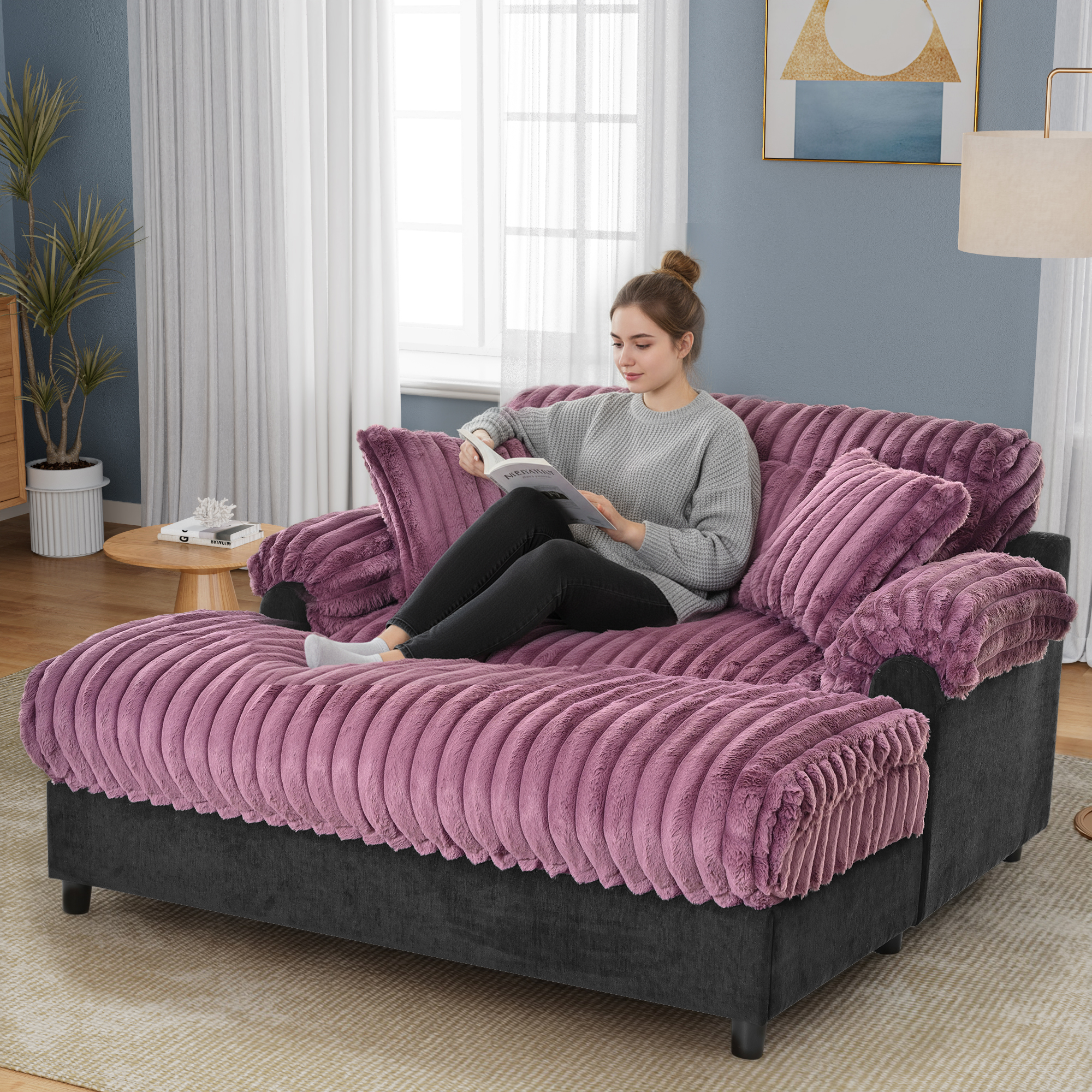 Euroco Modern Chaise Lounge Sofa 65.25" Cloud Chaise Sofa Cozy Plush Sofa Couch with Two Throw Pillows for Living Room, Wine