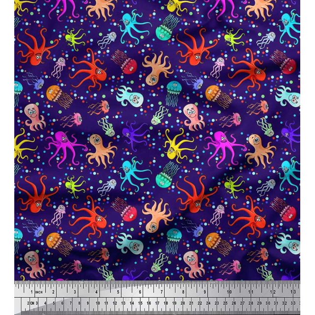 Soimoi Moss Georgette Fabric Dot,Octopus & Jellyfish Ocean Decor Fabric Printed Yard 42 Inch Wide
