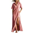 thumbnail image 2 of Women's Maxi Dress, Casual V-Neck Short Sleeve Striped Print with Side Split, Lightweight Flowy Dress for Summer Beach or Resort Wear, 2026 New Limited-time Offer, 2 of 6