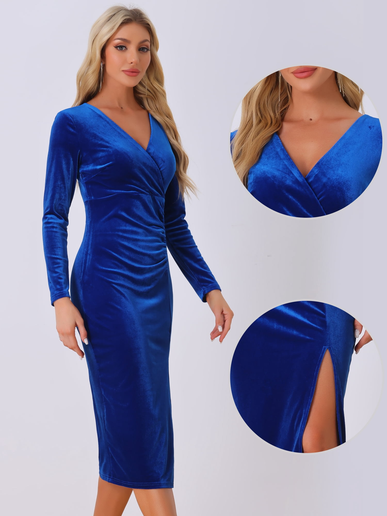 DARING DIVA Long Sleeves V Neck Wrap Ruched Split Cocktail Evening Dress
 S Royal Blue