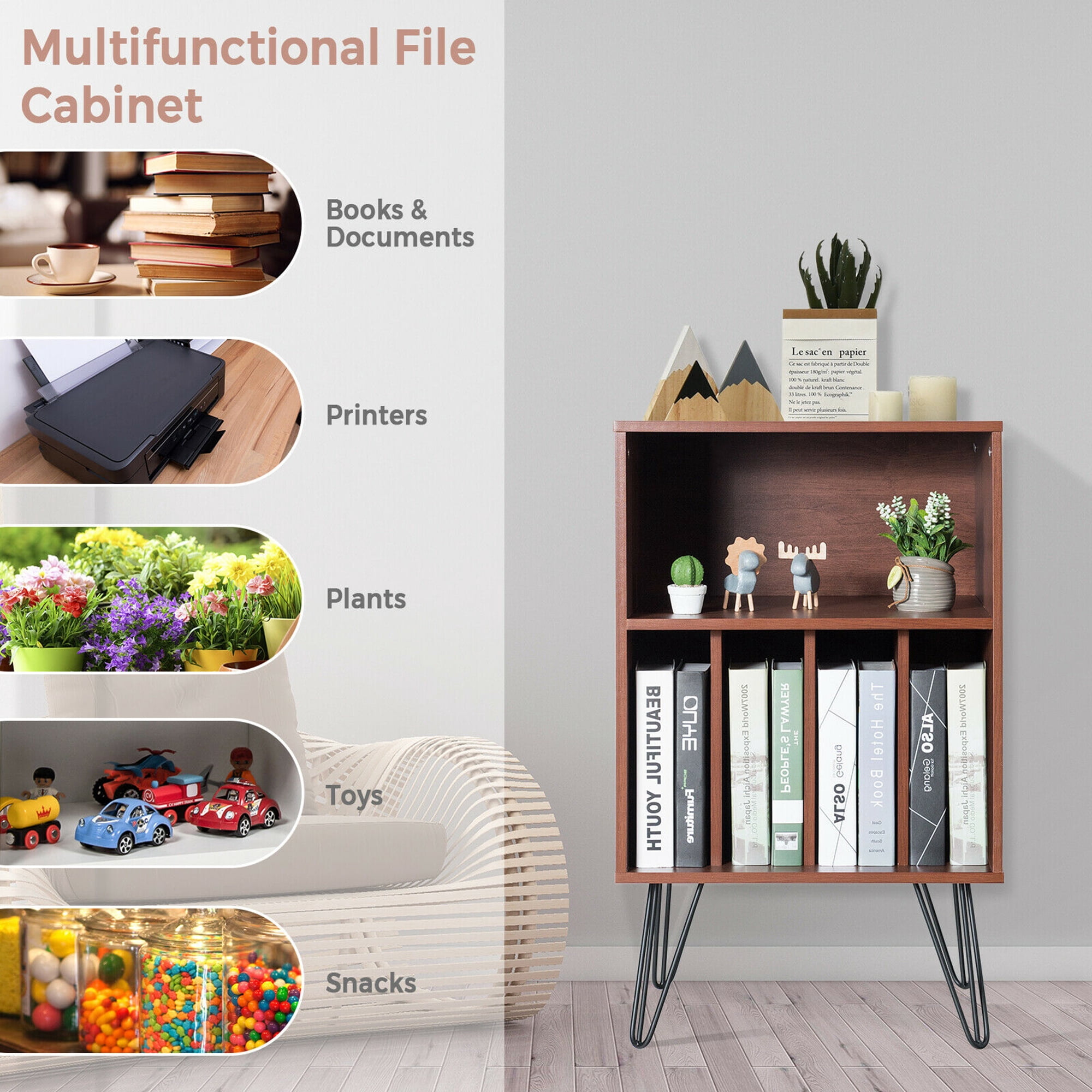 Gymax File Cabinet Display Bookshelf Bedroom with Split Storage Standing