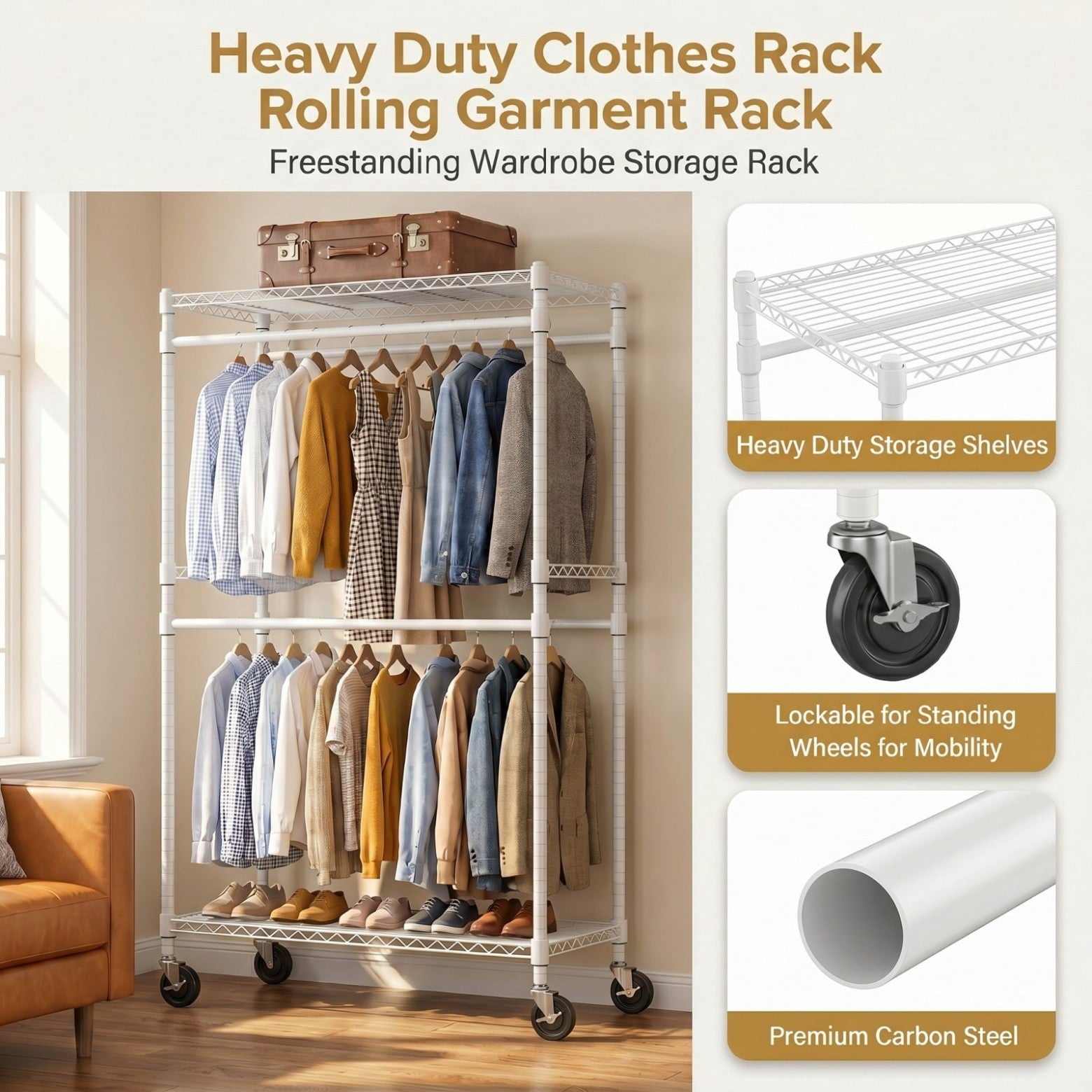 Sailvan Heavy Duty Rolling Clothing Rack, 360LBS Capacity Garment Rack with 4 Hanging Rods & 2 Shelves, Portable Closet, 45"W x 80"H,White