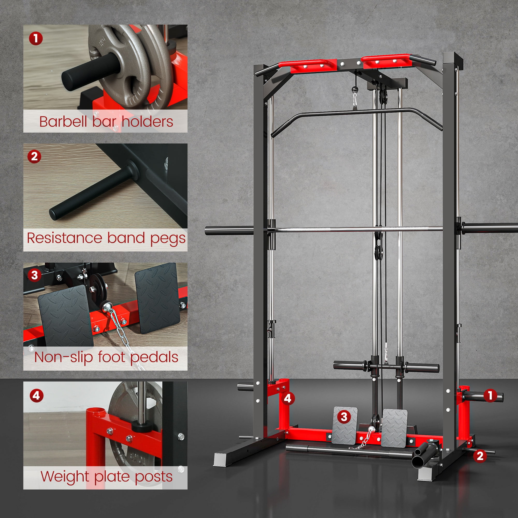 Soozier Multi-Function Smith Machine Power Rack with Pull Up Bar, Lat Pull Down System, Landmine, Squat Rack, Barbell Bar, for Home Gym