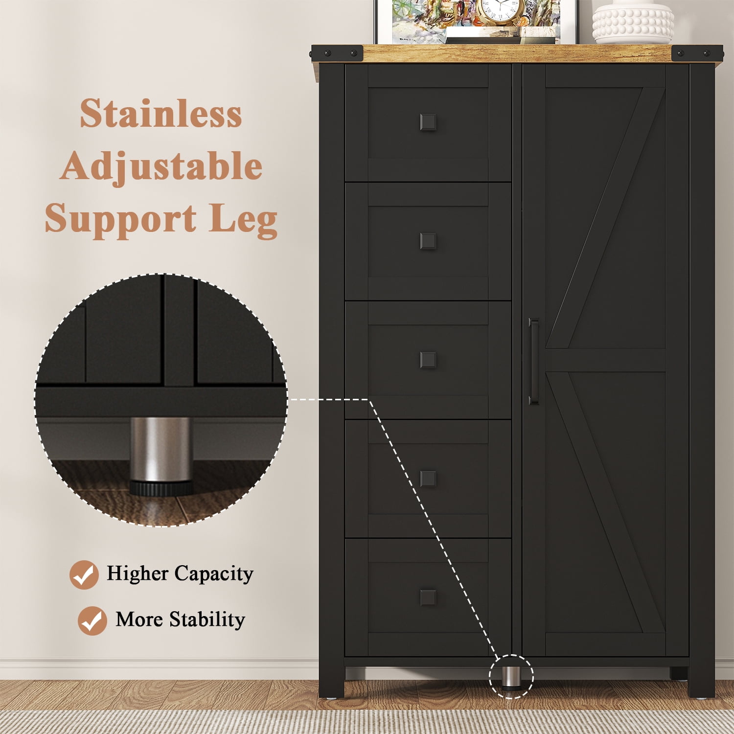 Frmobepts Farmhouse 5 Drawer Dresser with Barn Door, Adjustable Storage Cabinet for Bedroom Living Room, Black