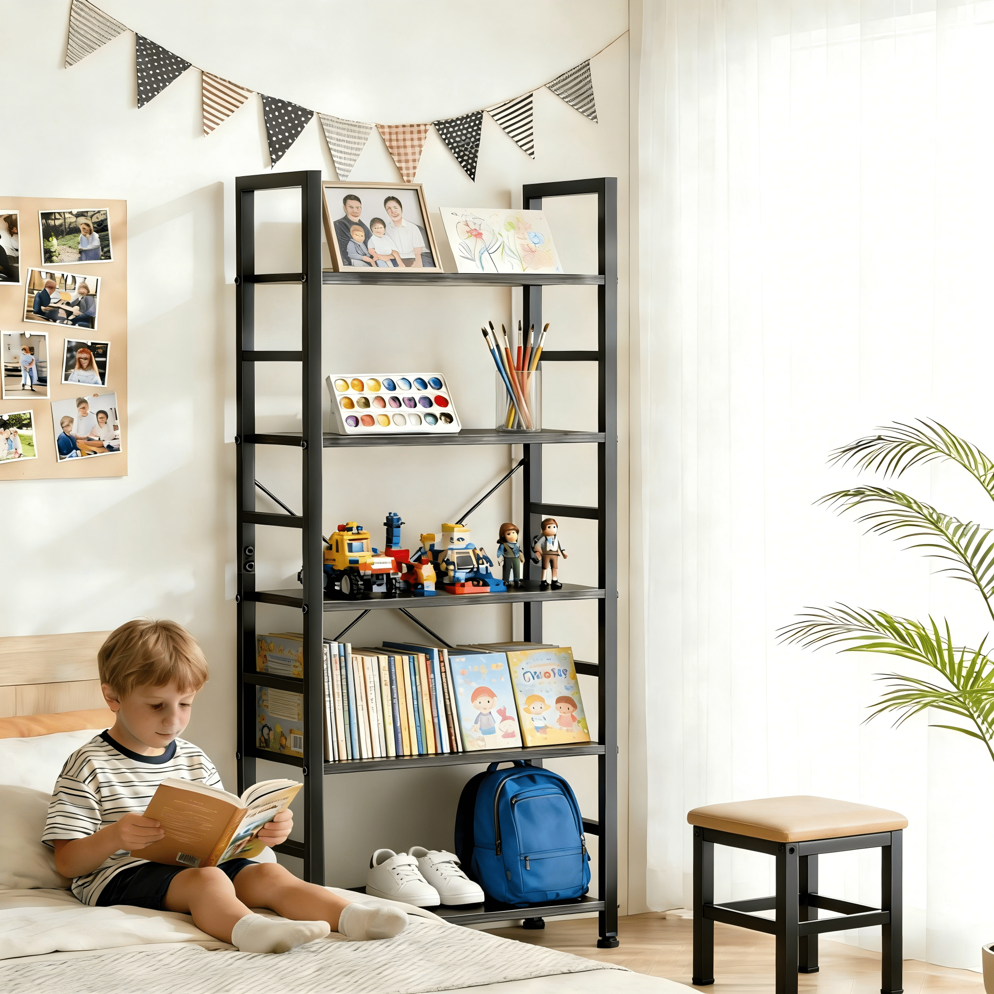 Atilioo 5 Tier Bookcase, 62" Tall Bookshelf, Wooden Storage Organizer with Adjustable Shelves for Living Room, Home Office, Kitchen, Black