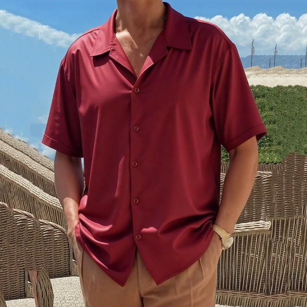 Blusa y camisa de manga corta con cuello vuelto para hombre, cárdigan informal de botones a la moda de color liso, blusa de manga corta con cuello vuelto, blusas de poliéster para hombre