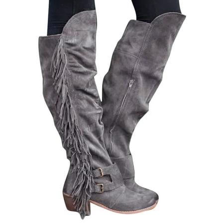 

UKAP Ladies Slouch Booties Tassel Fringe Boot Block Knee High Boots Comfort Tall Bootie Walking Winter Shoes Mid Heel Breathable Gray 5
