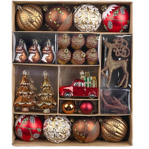 Christmas Ornaments Set, 60ct Red and Brown Shatterproof Christmas Tree Decorations, Woodland Hanging Ball Ornaments Bulk for Xmas Holiday Decor