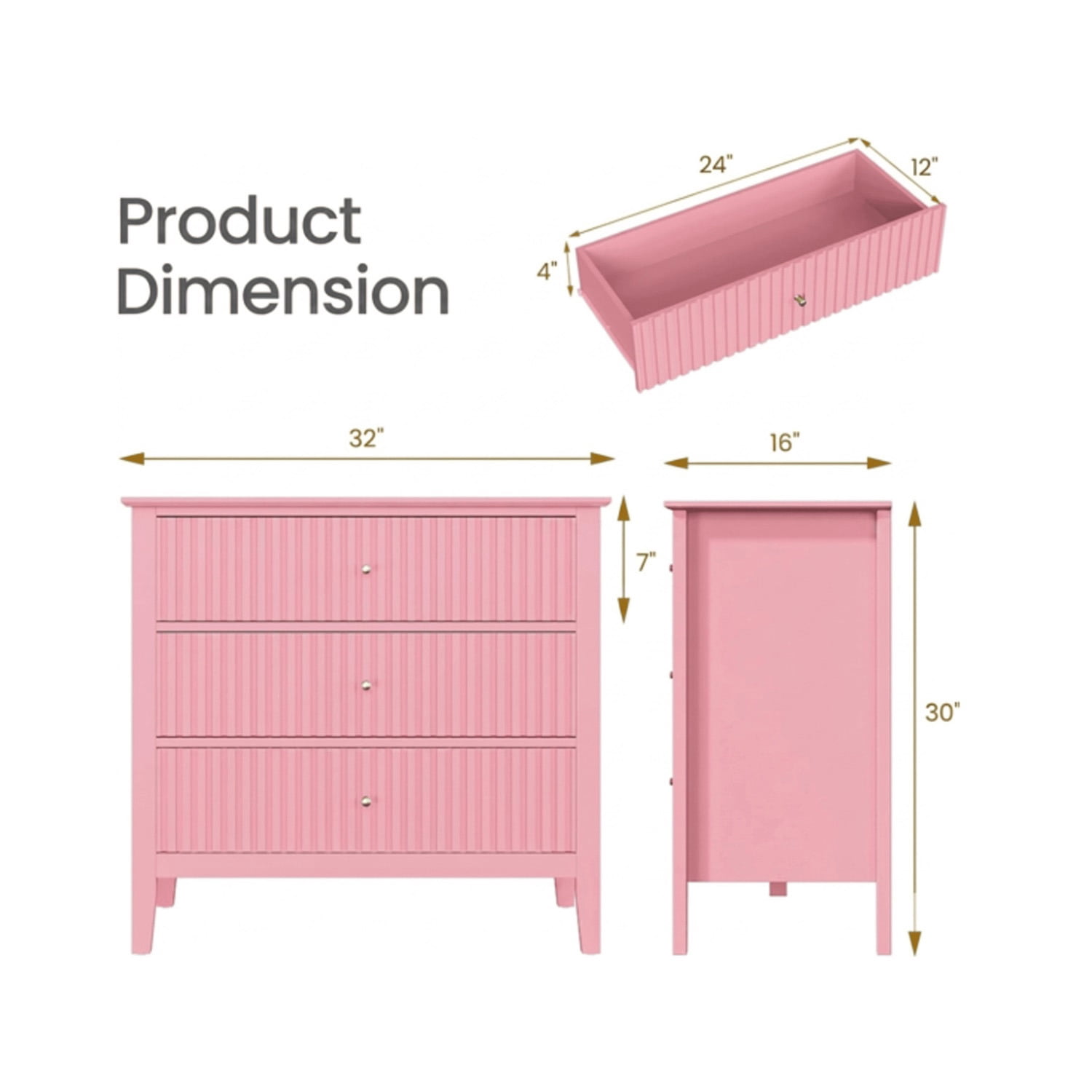 Hommoo 32"W Wooden Fluted 3-Drawer Nightstand, Large Modern Bedroom End Table, Pink